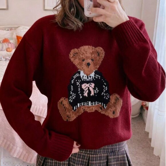 Burgundy Casual Women's Bear Pattern Knit Pullover Sweater - Picture 5 of 5